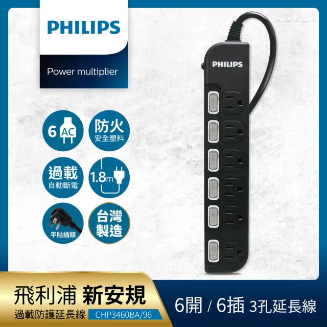 【Philips 飛利浦】過載防護型 6開6插3孔延長線 1.8米(黑白2色可選)