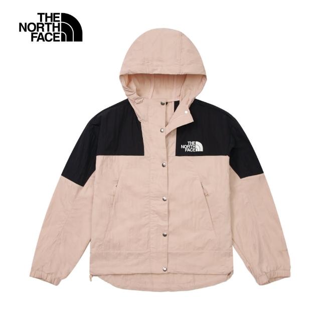 【The North Face 官方旗艦】北面女款粉黑拚接DWR防潑水下擺抽繩連帽外套｜81RXHZI