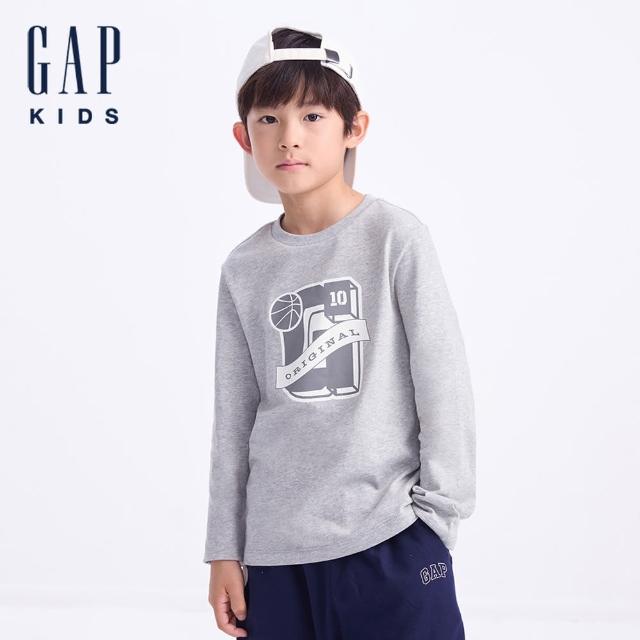 【GAP】兒童裝 Logo純棉印花圓領長袖T恤-灰色(646074)