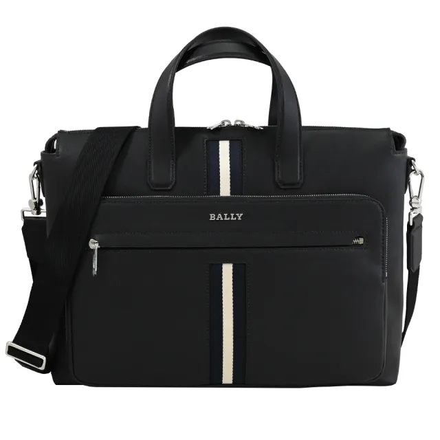 【BALLY】HAIES 經典金屬LOGO條紋織帶公事包商務包兩用包(黑)