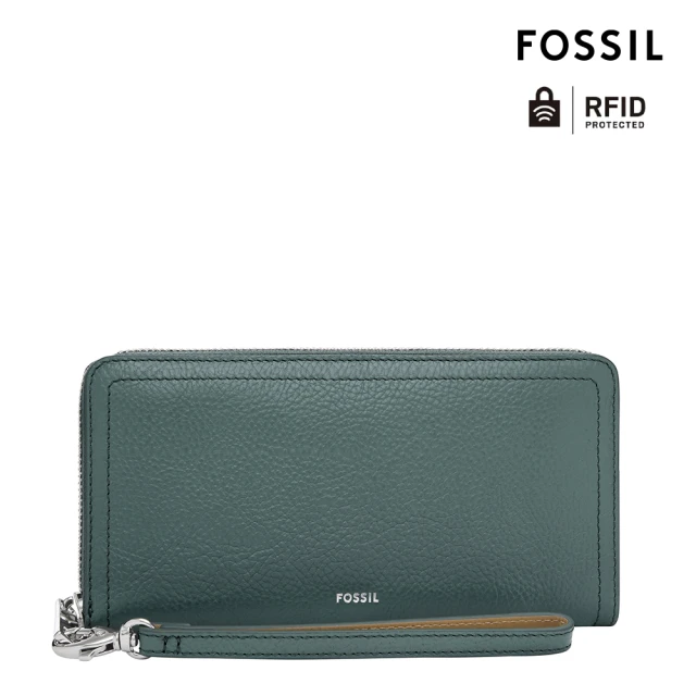 FOSSIL Logan 多層真皮拉鍊RFID防盜長夾-霧藍色 SL7831451