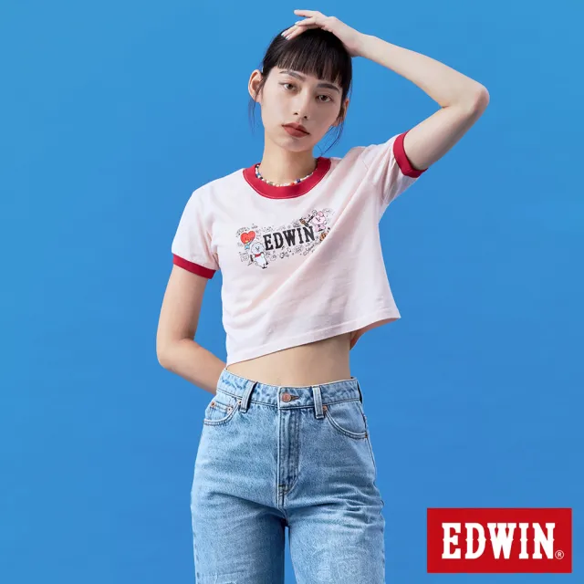 【EDWIN】女裝 BT21撞色短版短袖T恤(淺粉紅)