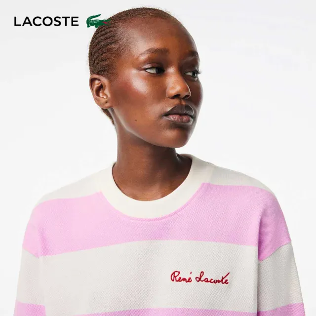 【LACOSTE】女裝-法國製Oversize條紋運動上衣(白/粉配色)