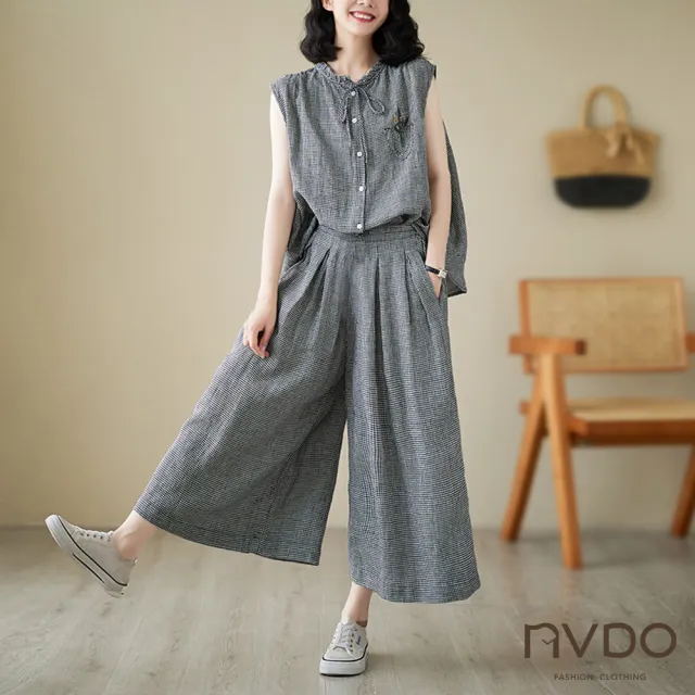 【NVDO】出清品   日系童趣小格紋寬鬆無袖上衣+闊腿褲套裝(透氣寬褲+上衣/F131/售完不補)