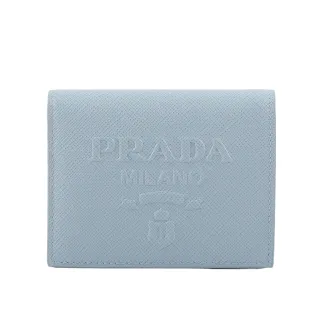 【PRADA 普拉達】浮雕Logo 壓印防刮皮革二折零錢袋短夾(天藍色)
