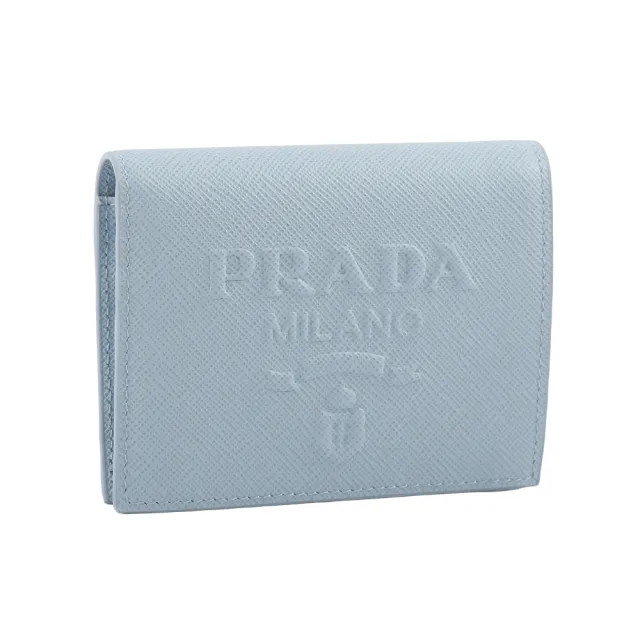 【PRADA 普拉達】浮雕Logo 壓印防刮皮革二折零錢袋短夾(天藍色)