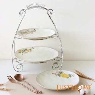 【Just Home】芸語浮雕花卉陶瓷螺紋雙層蛋糕盤附盤架4件組(點心盤架 蛋糕盤架 午茶 入厝送禮)