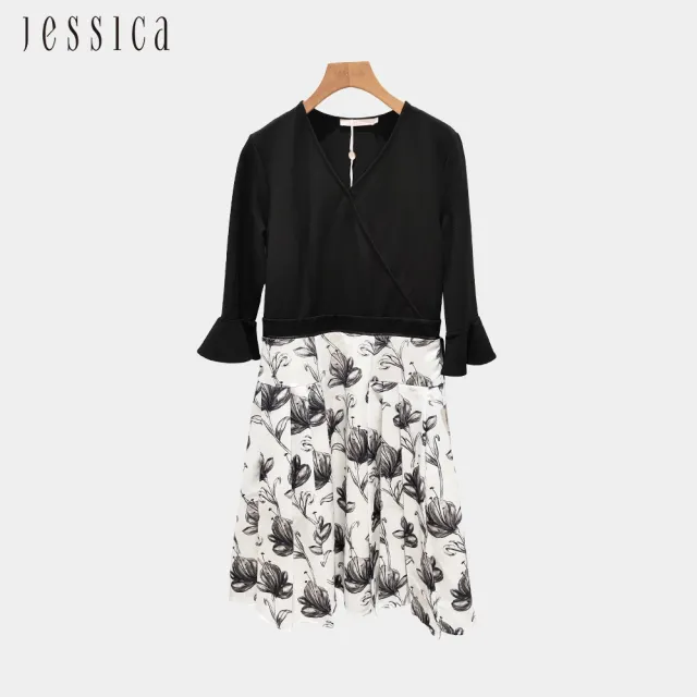 【JESSICA】優雅公主袖收腰拼接印花雪紡洋裝242717