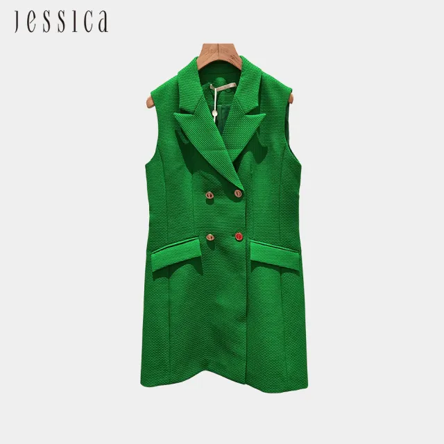 【JESSICA】氣質時尚百搭西裝長背心馬甲242715(綠)