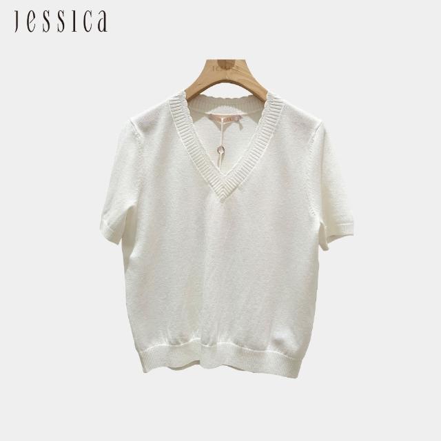 【JESSICA】簡約經典百搭V領短袖針織衫242504（白）