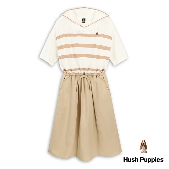 Hush Puppies 女裝 洋裝 連帽線衫平織異材質拼接抽繩洋裝(淺卡其 / 43215110)