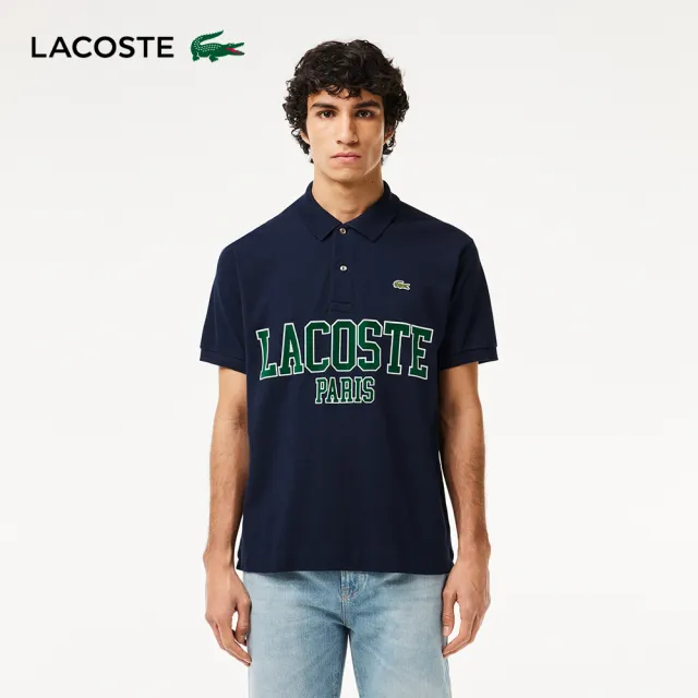 【LACOSTE】男裝-Original L.12.12植絨文字網眼布短袖Polo衫(海軍藍)