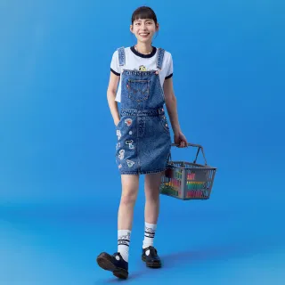 【EDWIN】女裝 BT21徽章吊帶丹寧短裙(石洗藍)