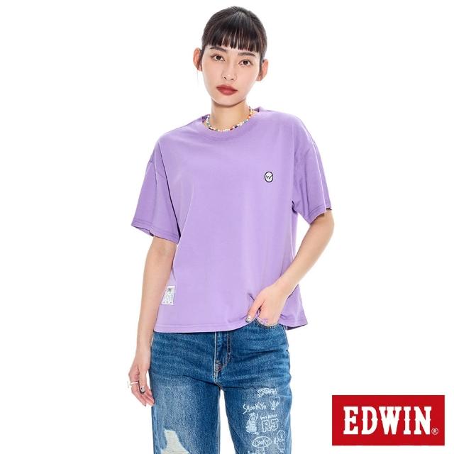 【EDWIN】女裝 BT21拼貼牛仔紋短袖T恤(灰紫色)