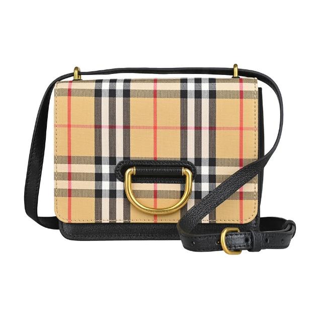 【BURBERRY 巴寶莉】BURBERRY SM D-RING壓印LOGO格紋帆布搭配羊皮D型釦環式斜背包(黑x典藏米)