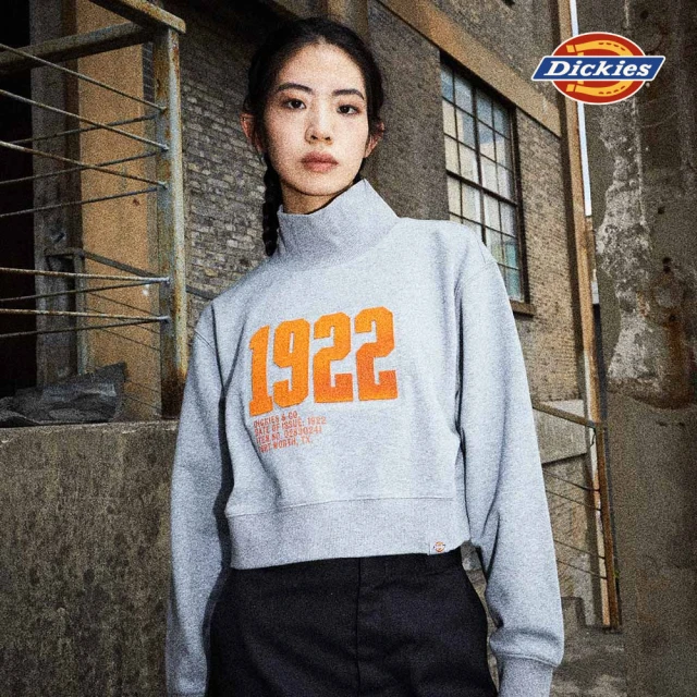 Dickies 女款羽灰色胸前立體抓絨圖案羅紋高領短版長袖上衣｜DK0A87L9CQ8