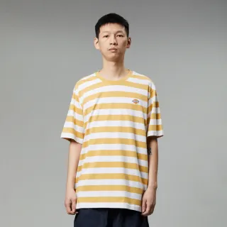 【Dickies】男女款秋葉黃撞色條紋純棉胸前品牌Logo印花短袖T恤｜DK012957H13