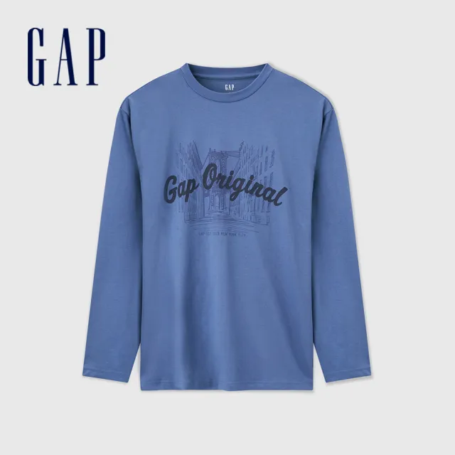 【GAP】男裝 Logo純棉印花圓領長袖T恤-灰藍色(636018)