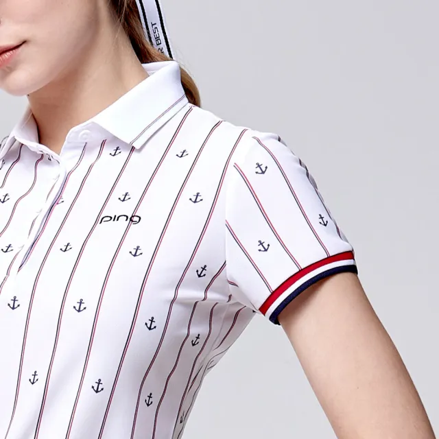 【PING】女款直條海錨吸濕排汗抗UV短袖POLO衫-白(GOLF/高爾夫球衫/RA24107-87)