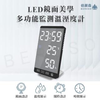 【Beroso 倍麗森】LED鏡面美學多功能監測溫濕度計(鬧鐘 夜燈 化妝鏡 室內溫度計 時鐘-溫濕度計)