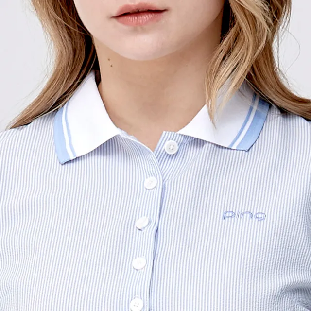 【PING】女款組織條紋吸濕排汗短袖POLO衫-藍(日本素材/GOLF/高爾夫球衫/RA24113-53)