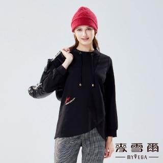 【MYVEGA 麥雪爾】不對稱剪裁字母刺繡抽繩上衣-黑