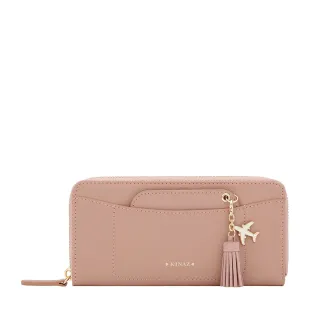 【KINAZ】附飛機流蘇吊飾卡夾ㄇ型拉鍊牛皮長夾-糖漬莓粉-飛機果凍系列