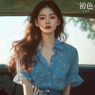 【初色】通勤風印花翻領荷葉邊短袖雪紡衫襯衫上衣女上衣-藍色-36317(M-2XL可選)