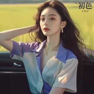 【初色】雪紡拼接單排釦襯衫領短袖五分袖襯衫上衣女上衣-紫白色-36298(M-3XL可選)