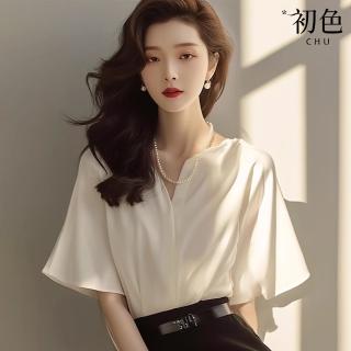 【初色】法式緞面半開領V領五分袖寬鬆喇叭袖襯衫T恤上衣女上衣-白色-36276(M-3XL可選)