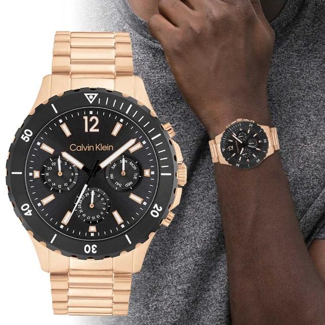 【CALVIN KLEIN】CK 時尚運動風三眼日曆手錶-44mm/黑x玫金 618 送禮(CK25200315)