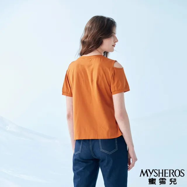 【MYSHEROS 蜜雪兒】純棉素色造型上衣 鑽飾圓領 露肩下擺綁帶(橙)