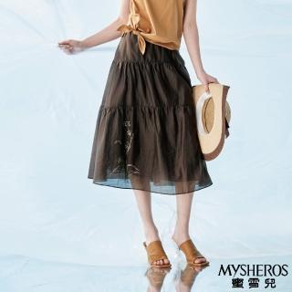 【MYSHEROS 蜜雪兒】造型中長蛋糕裙 質感側拉鍊 珠飾花卉印花(咖啡)