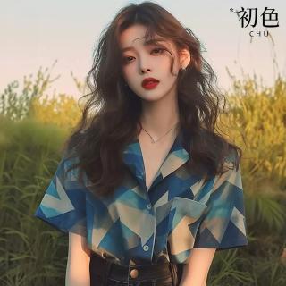 【初色】法式復古風寬鬆單排釦襯衫領落肩袖短袖襯衫上衣女上衣-藍色-36262(M-3XL可選)