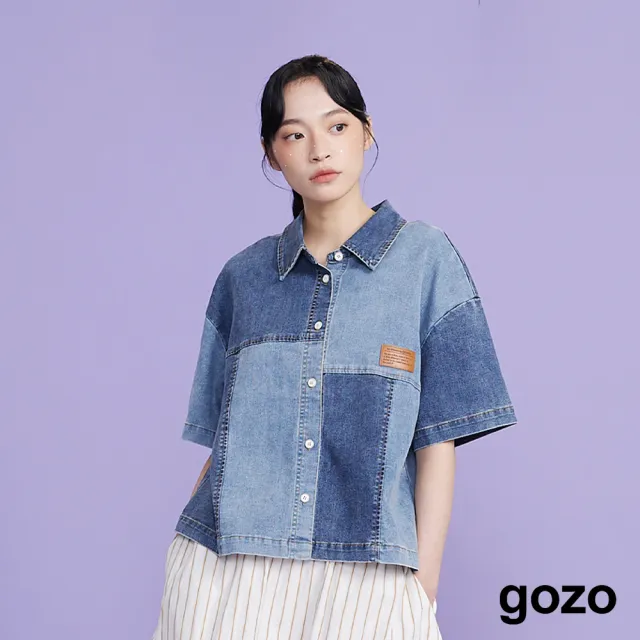 【gozo】涼感皮標拼接天絲牛仔襯衫(兩色)