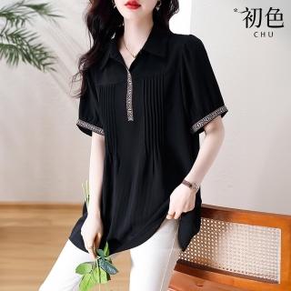 【初色】簡約風雪紡撞色寬鬆鈕扣織帶門襟翻領短袖T恤上衣女上衣-黑色-36204(L-4XL可選)