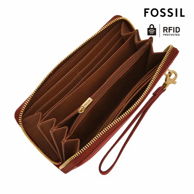 【FOSSIL 官方旗艦館】Logan 多層真皮拉鍊RFID防盜長夾-磚紅色 SL7831223