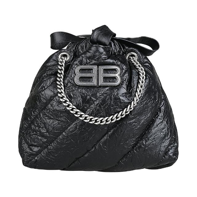 【Balenciaga 巴黎世家】BALENCIAGA CRUSH仿舊BB LOGO皺褶設計小牛皮束口鍊帶手提包(迷你/黑)