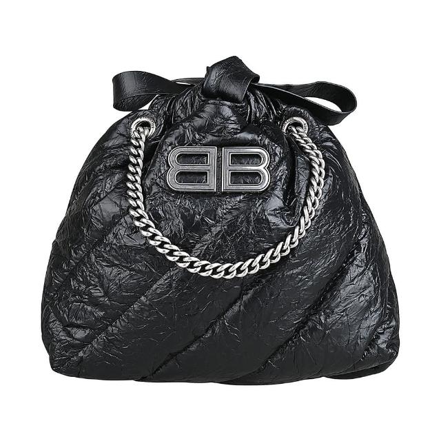 【Balenciaga 巴黎世家】BALENCIAGA CRUSH仿舊BB LOGO皺褶設計小牛皮束口鍊帶手提包(迷你/黑)