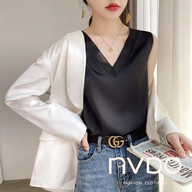 【NVDO 買一送一】緞面冰絲涼感網紗V領背心-多色可選(M-2XL/冰絲背心/F140)