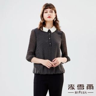 【MYVEGA 麥雪爾】壓摺雙層領片七分袖雪紡上衣-黑