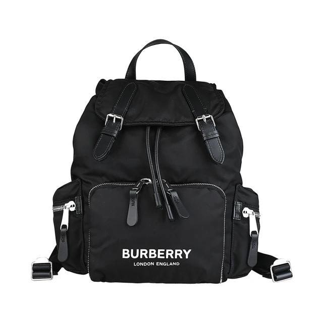 BURBERRY 巴寶莉 BURBERRY The Rucksack字母LOGO尼龍翻蓋束口軍旅系列後背包(中/黑)