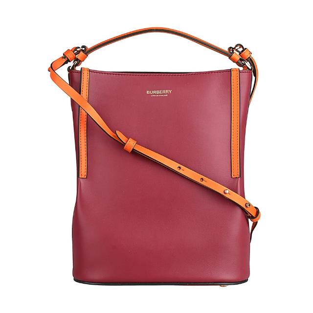 【BURBERRY 巴寶莉】BURBERRY SM BUCKET燙金LOGO撞色設計小牛皮手提斜背水桶包(紅x橘)