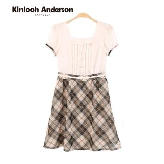 【Kinloch Anderson】方領雪紡拼接格紋短袖洋裝連身裙 金安德森女裝(KA0685702)