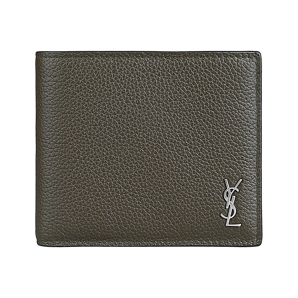 【YSL】YSL SAINT LAURENT Tiny Cassandre經典仿舊LOGO小牛皮8卡對折短夾(深卡其綠)