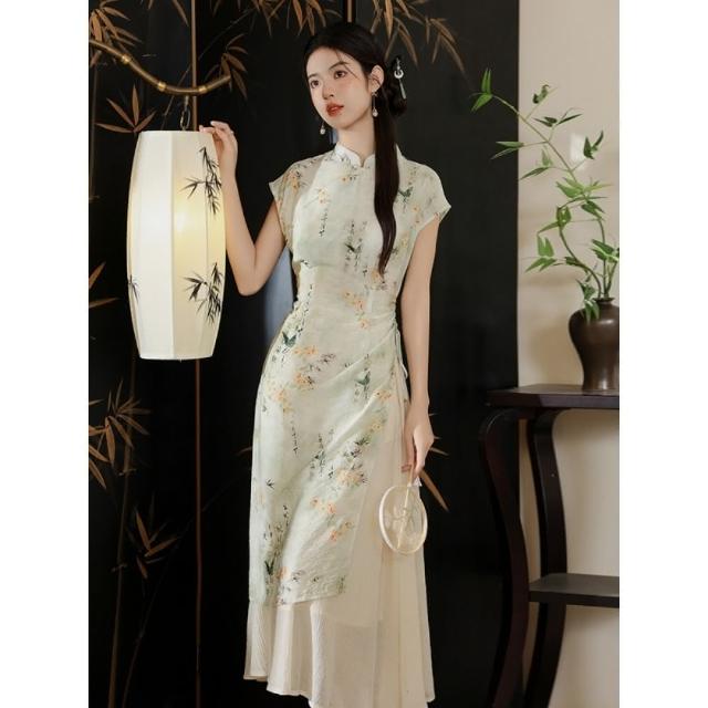 【巴黎精品】現貨+預購 連身裙改良旗袍(新中式短袖印花典雅兩件套女裝v1bp60)