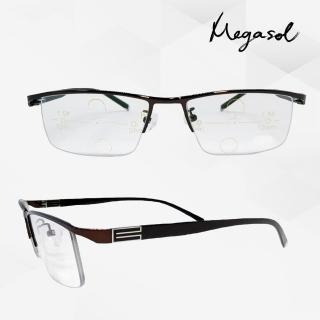 【MEGASOL】斯文青中性眉框漸進多焦老花眼鏡變色墨鏡太陽眼鏡(氣質書生半框-JJBS01-BR深棕色)