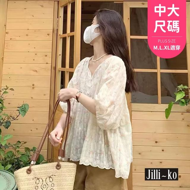 【JILLI-KO】中大尺碼法式甜美V領蕾絲碎花泡泡袖襯衫-F(杏)