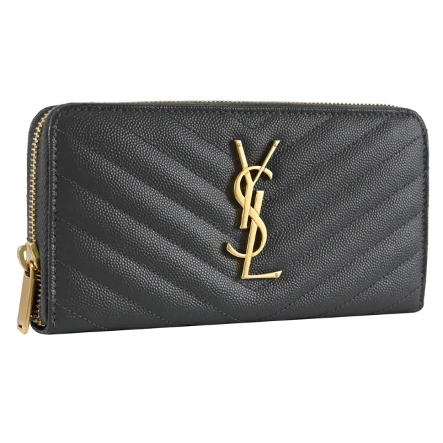 【YSL】MONOGRAM 金屬字母LOGO V字紋牛皮拉鍊發財零錢長夾(灰/金)