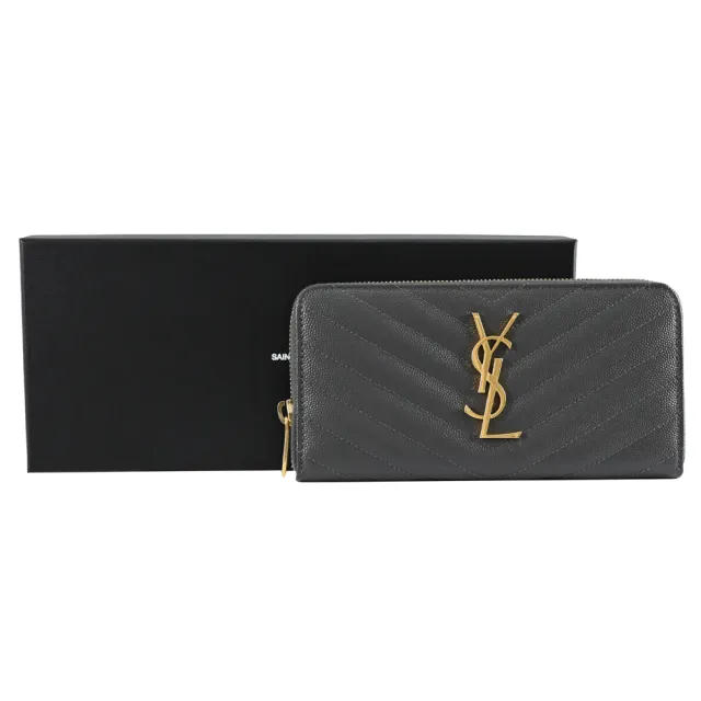 【YSL】MONOGRAM 金屬字母LOGO V字紋牛皮拉鍊發財零錢長夾(灰/金)